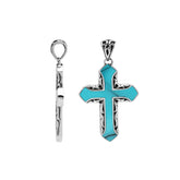 Turquoise cross pendant in sterling silver with handcrafted Balinese design, artisan religious jewelry.